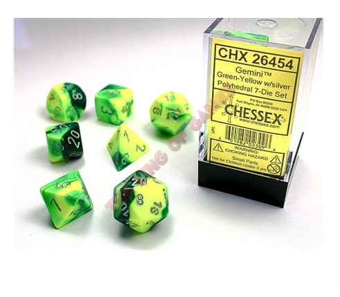 CHESSEX 7 Dice Set Gemini Green-Yellow w/ Silver